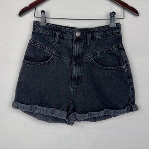 Zara Black Washed Denim Shorts 4 High Rise Cuffed Hem Mom Fit Panel Detail‎